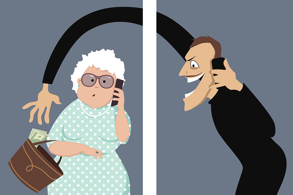 illustration of an elderly woman on the phone with a thief who is attempting to steal money out of her purse